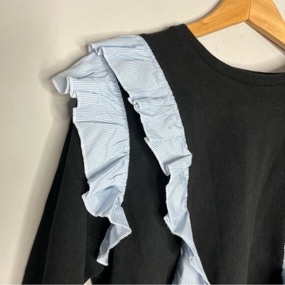 Zara Black Poplin Sweater with Contrasting Micro Stripe Ruffles size M - Picture 3 of 7